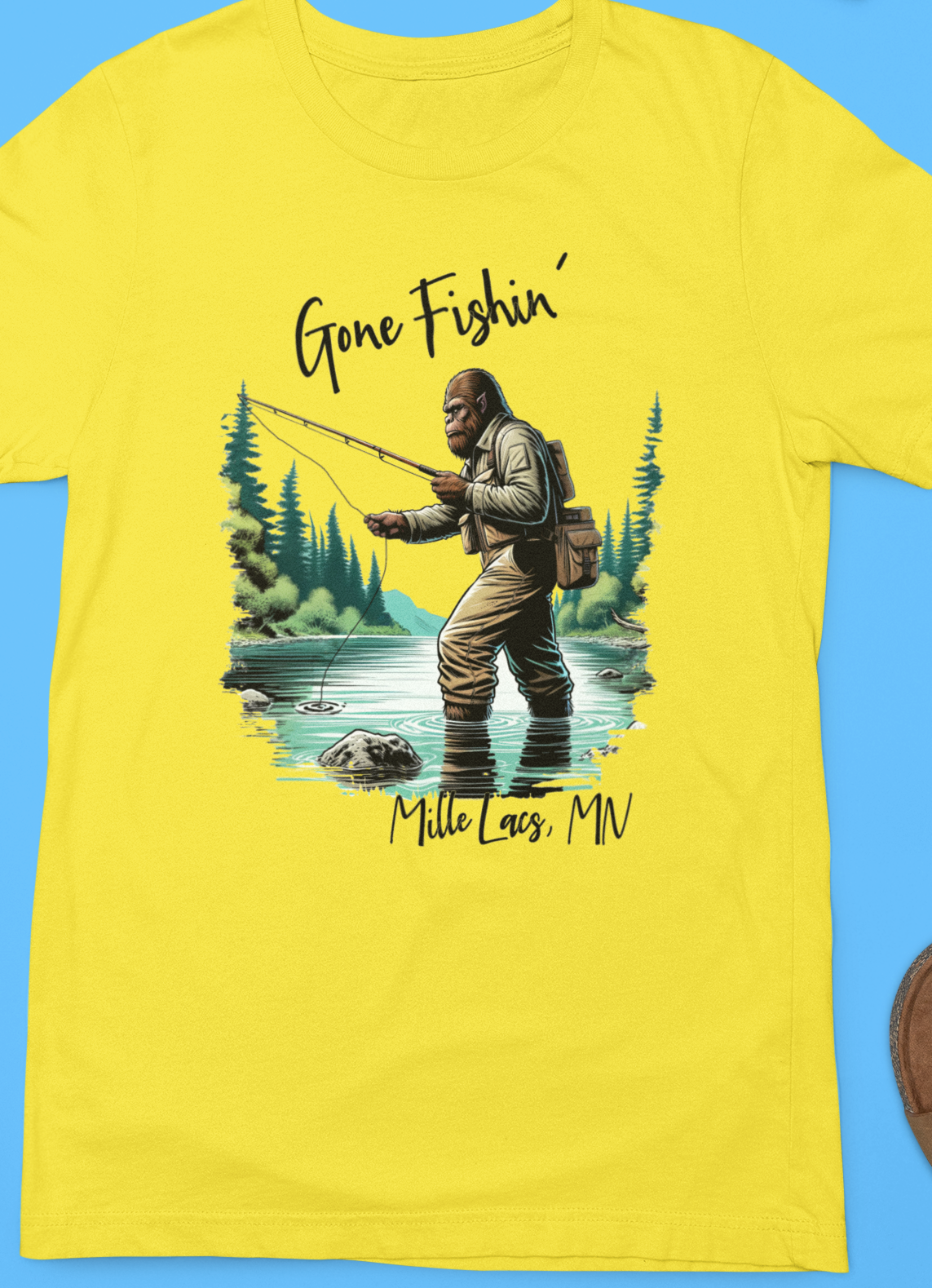 Gone Fishin' Bigfoot Fly Fishing T-Shirt (Yellow) Hoodie, Sweatshirt | PodTeesHub.com