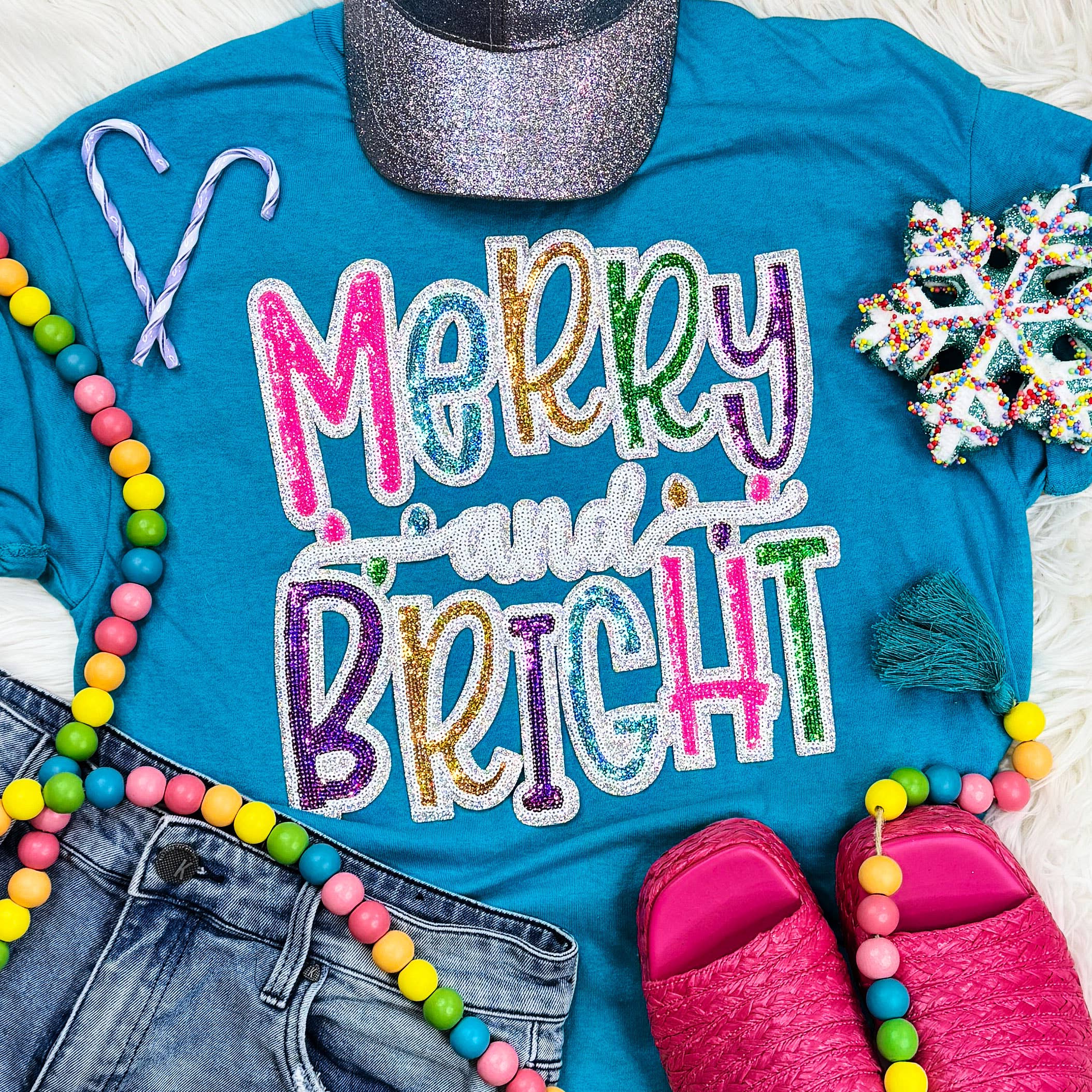 Colorful Sequin Merry and Bright Tee Hoodie, Sweatshirt | PodTeesHub.com