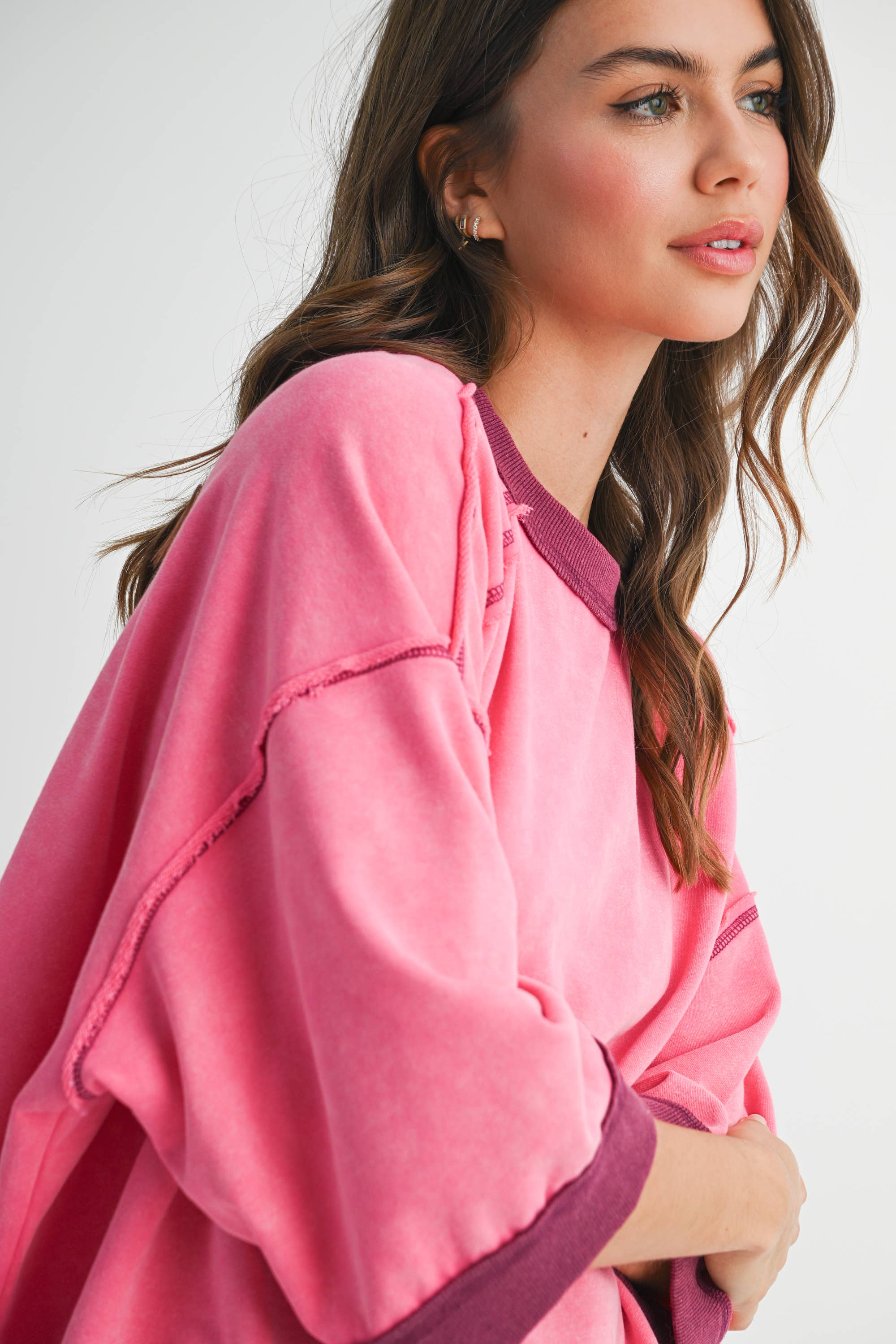 8479FK Washed Contrast Trim Boxy Sweatshirt Top T-Shirts, Hoodie | PodTeesHub.com