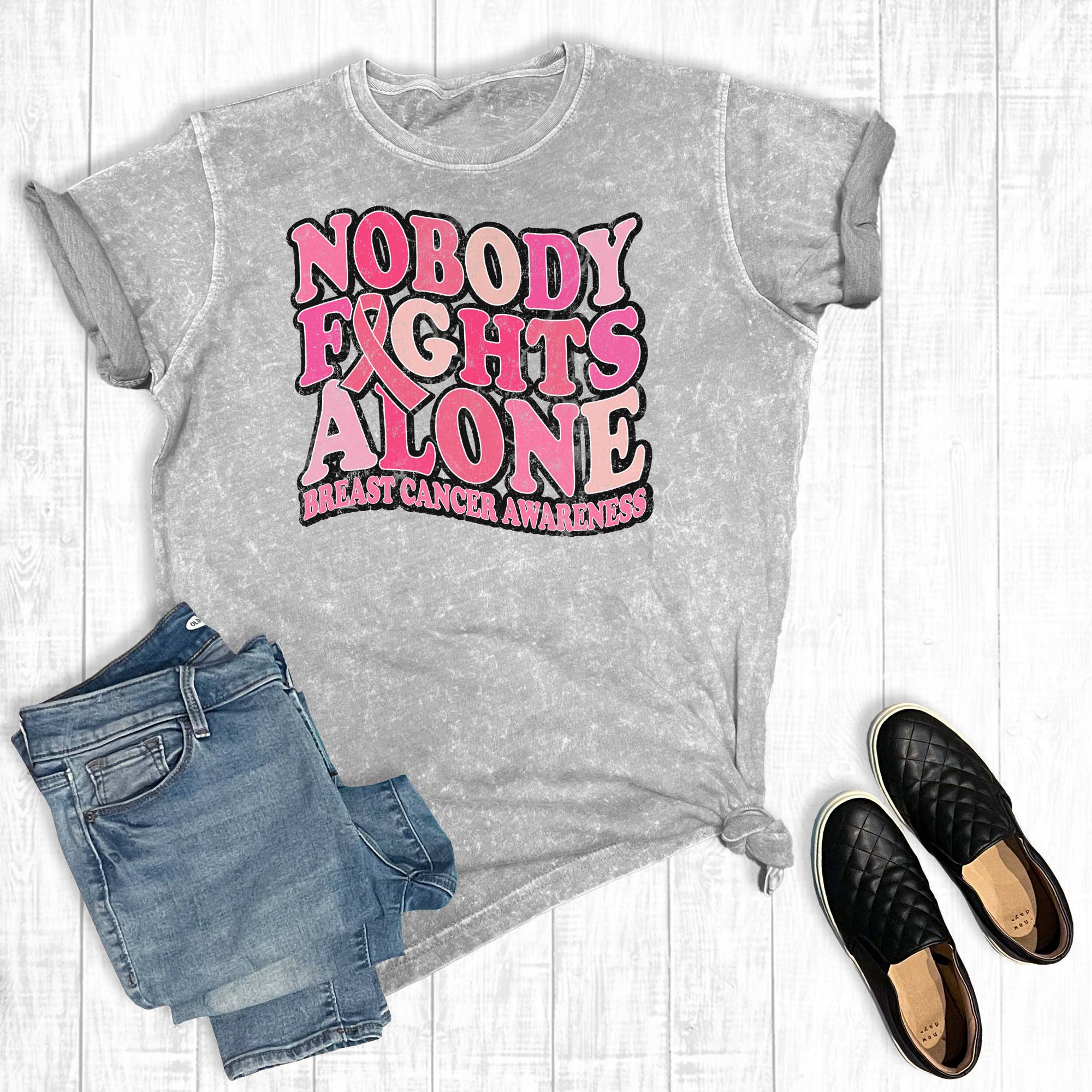 Breast Cancer Nobody Fights Alone Mineral Wash Graphic Tee Hoodie, Sweatshirt | PodTeesHub.com