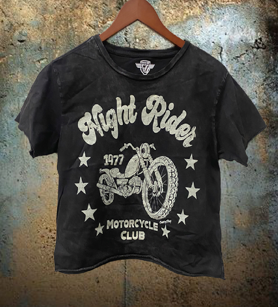 Night Rider 1977 Motorcycle Club Regular Cropped Acid Wash T-Shirt Hoodie, Sweatshirt | PodTeesHub.com