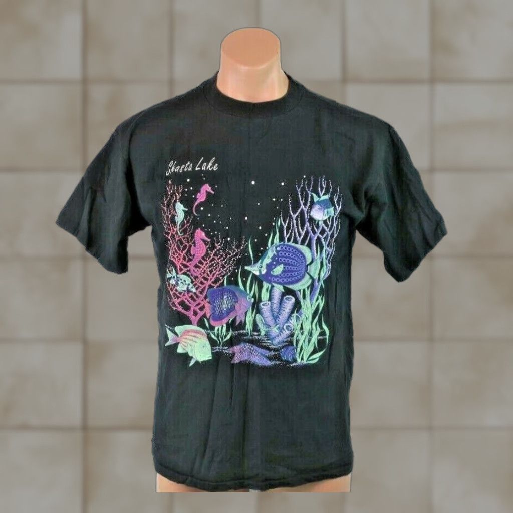 Vintage Vtg 80s Shasta Lake Seahorse Fish Vacation Black Neon T Shirt L Single Stitch Shirt Men Grap Hoodie, Sweatshirt