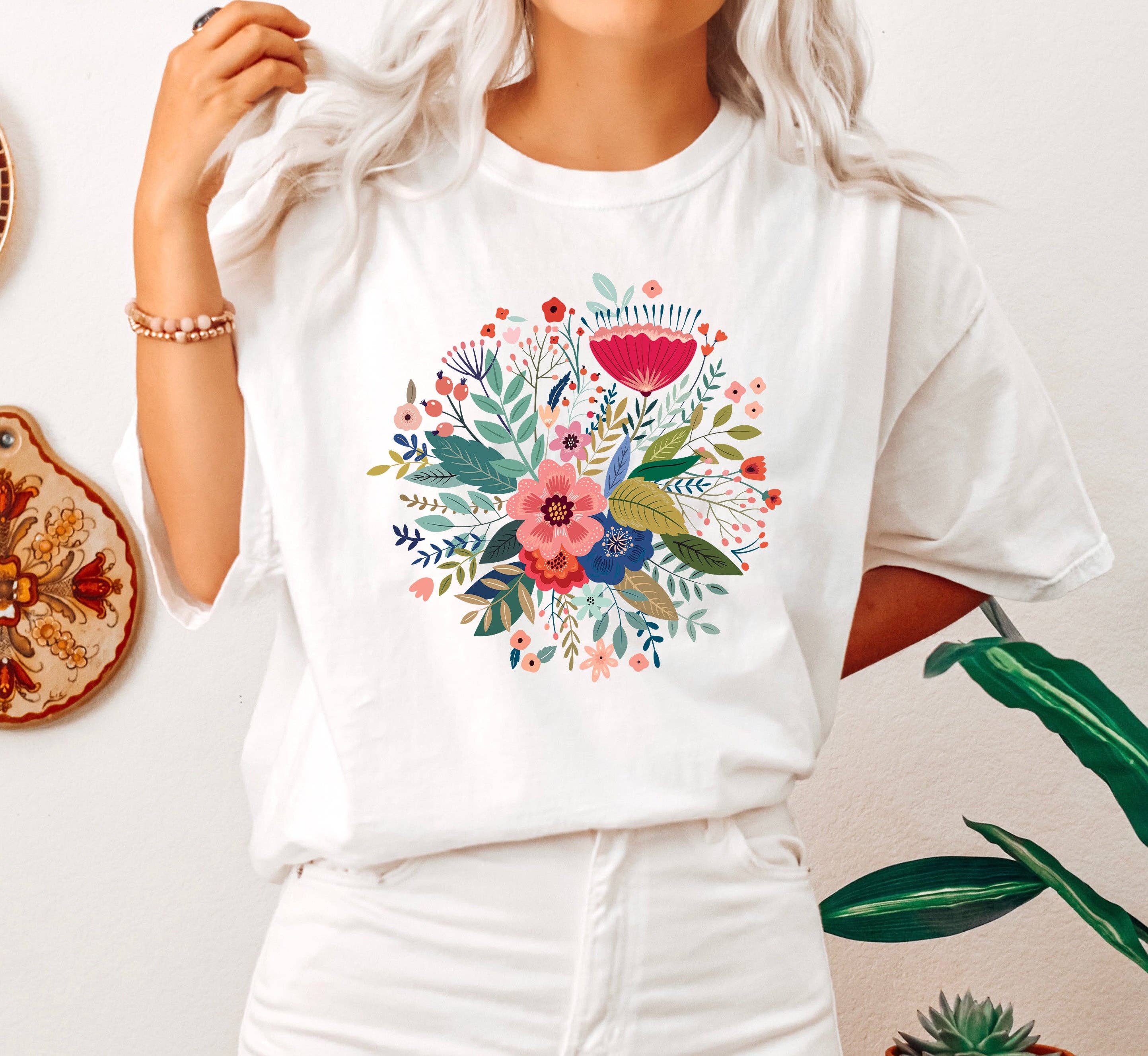Chic Folk Flowers Botanical T-Shirt Hoodie, Sweatshirt | PodTeesHub.com