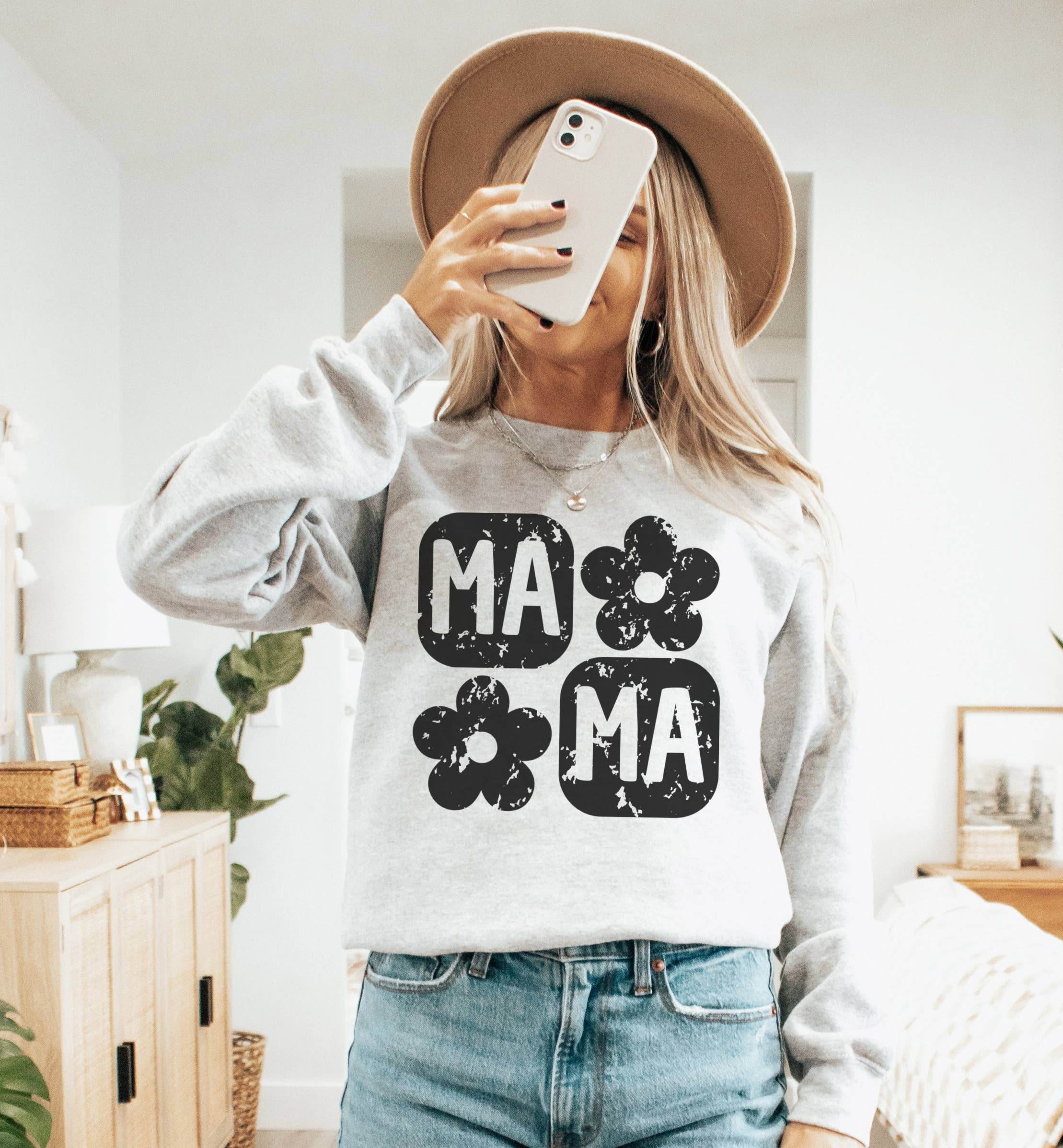 Retro Floral Mama Checker Crew Neck Sweatshirt T-Shirts, Hoodie | PodTeesHub.com