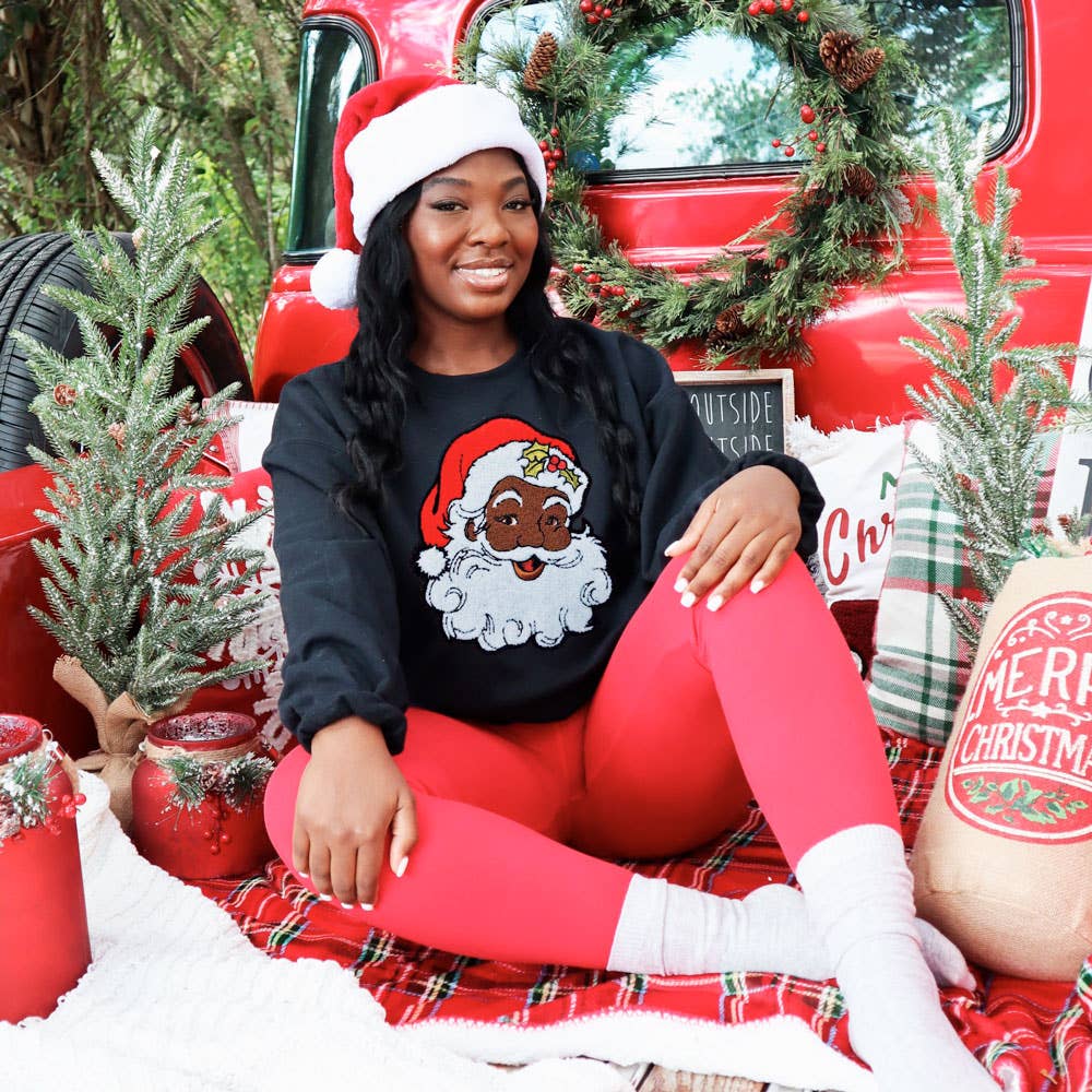 Dark Skin Red Santa Chenille Patch Black Crewneck Sweatshirt T-Shirts, Hoodie | PodTeesHub.com
