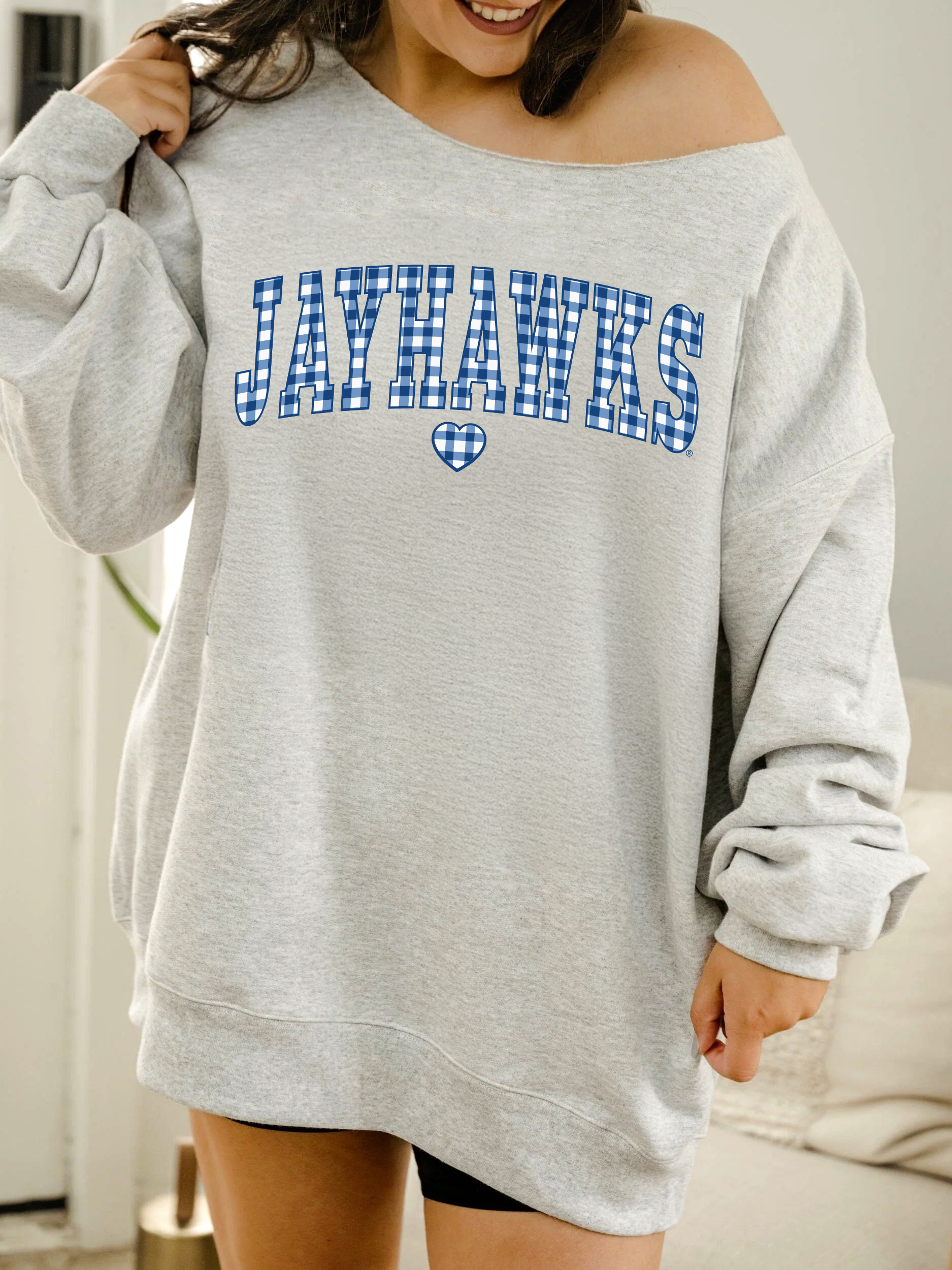 Ku Jayhawks Gingham Heart Gray Flashdance Sweatshirt T-Shirts, Hoodie | PodTeesHub.com