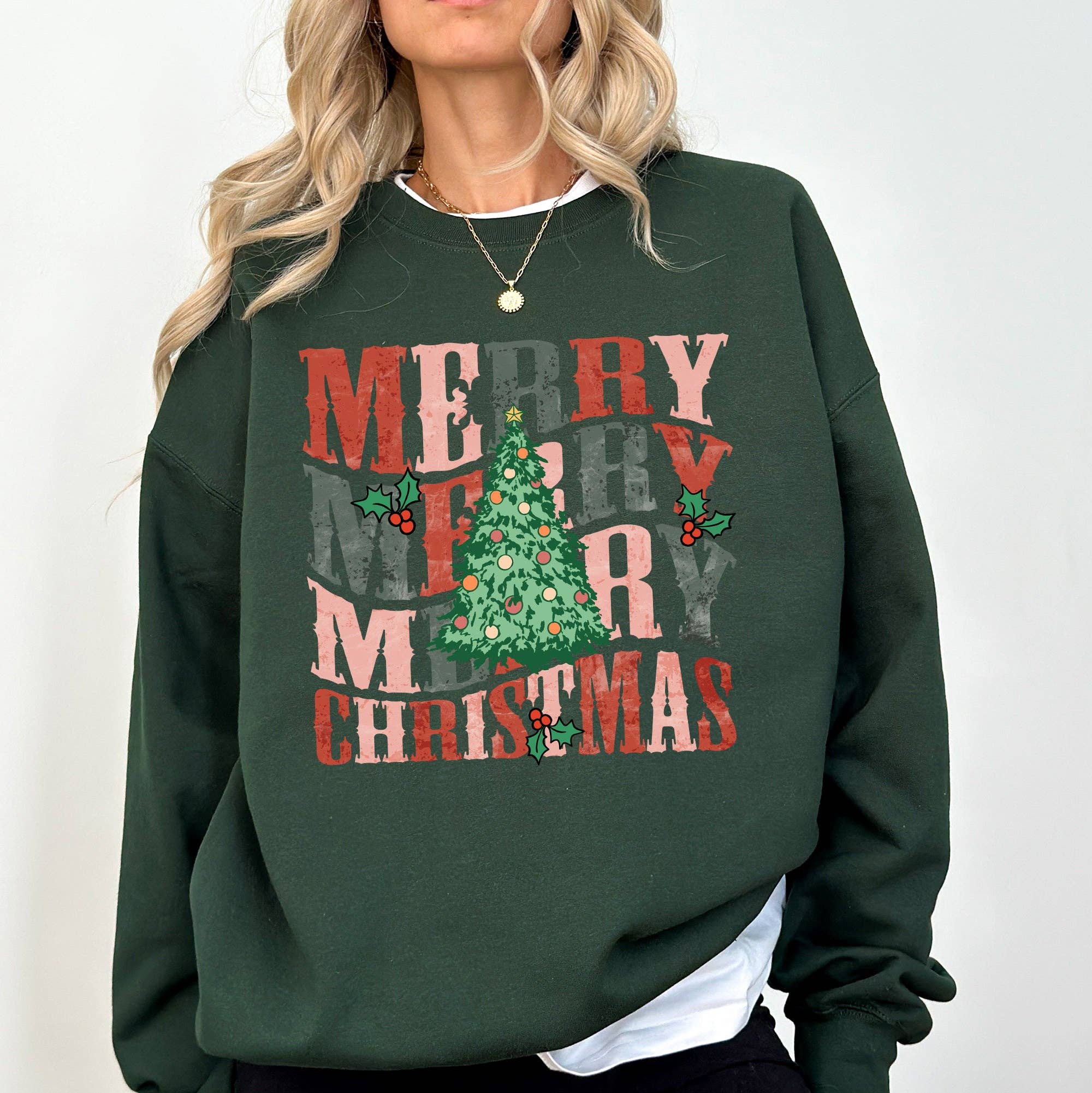 Merry Christmas, Retro Tree, Holly, Winter Xmas Sweatshirt T-Shirts, Hoodie | PodTeesHub.com