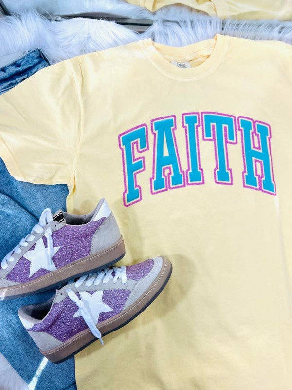 Faith Varsity Curve Puff/Glitter Combo Tee Hoodie, Sweatshirt | PodTeesHub.com