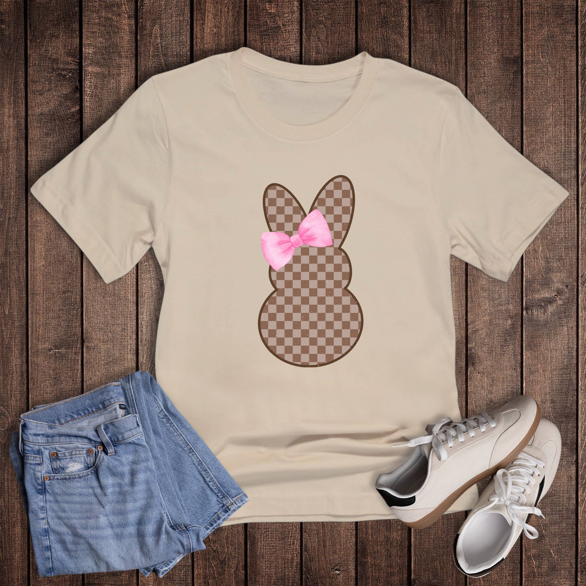 Easter Bunny Checked with Bow Graphic Tee Hoodie, Sweatshirt | PodTeesHub.com