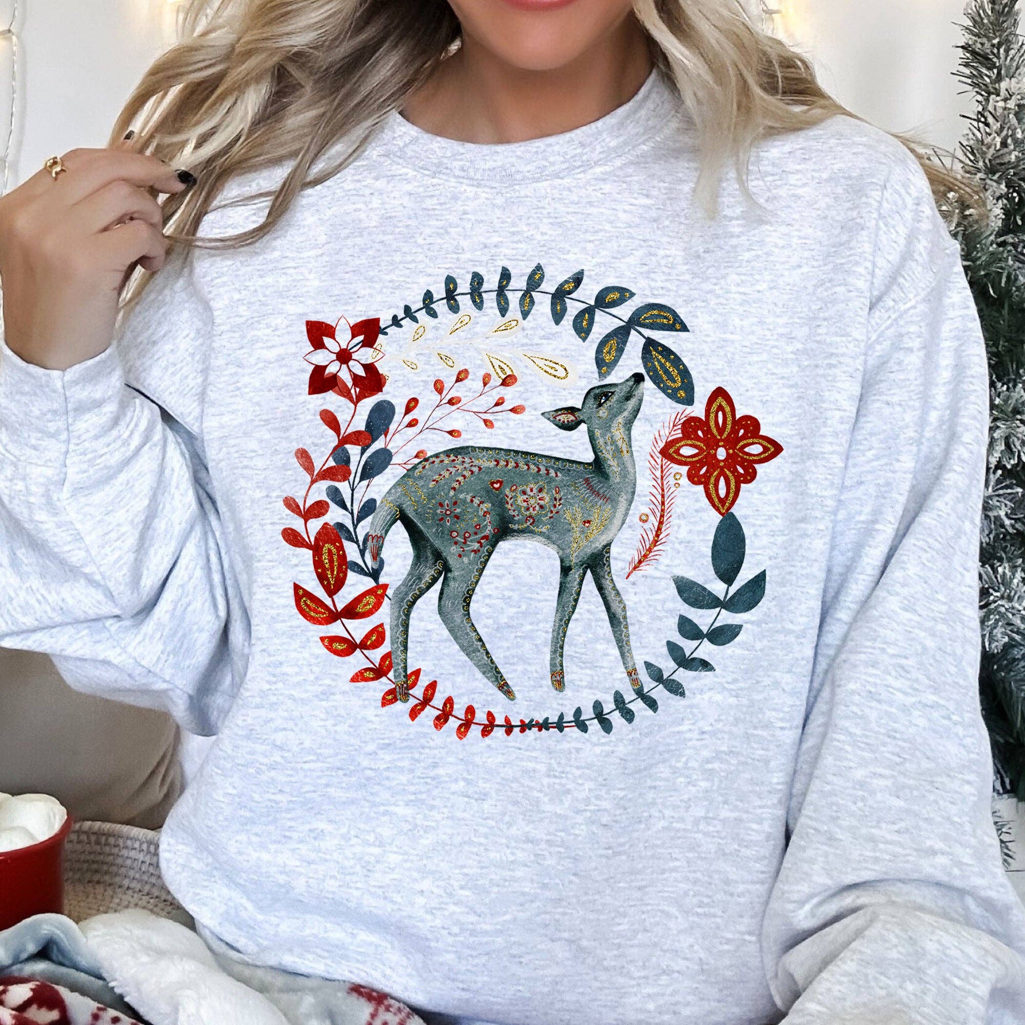 Deer Folk Art Scandinavian Christmas Sweatshirt T-Shirts, Hoodie | PodTeesHub.com