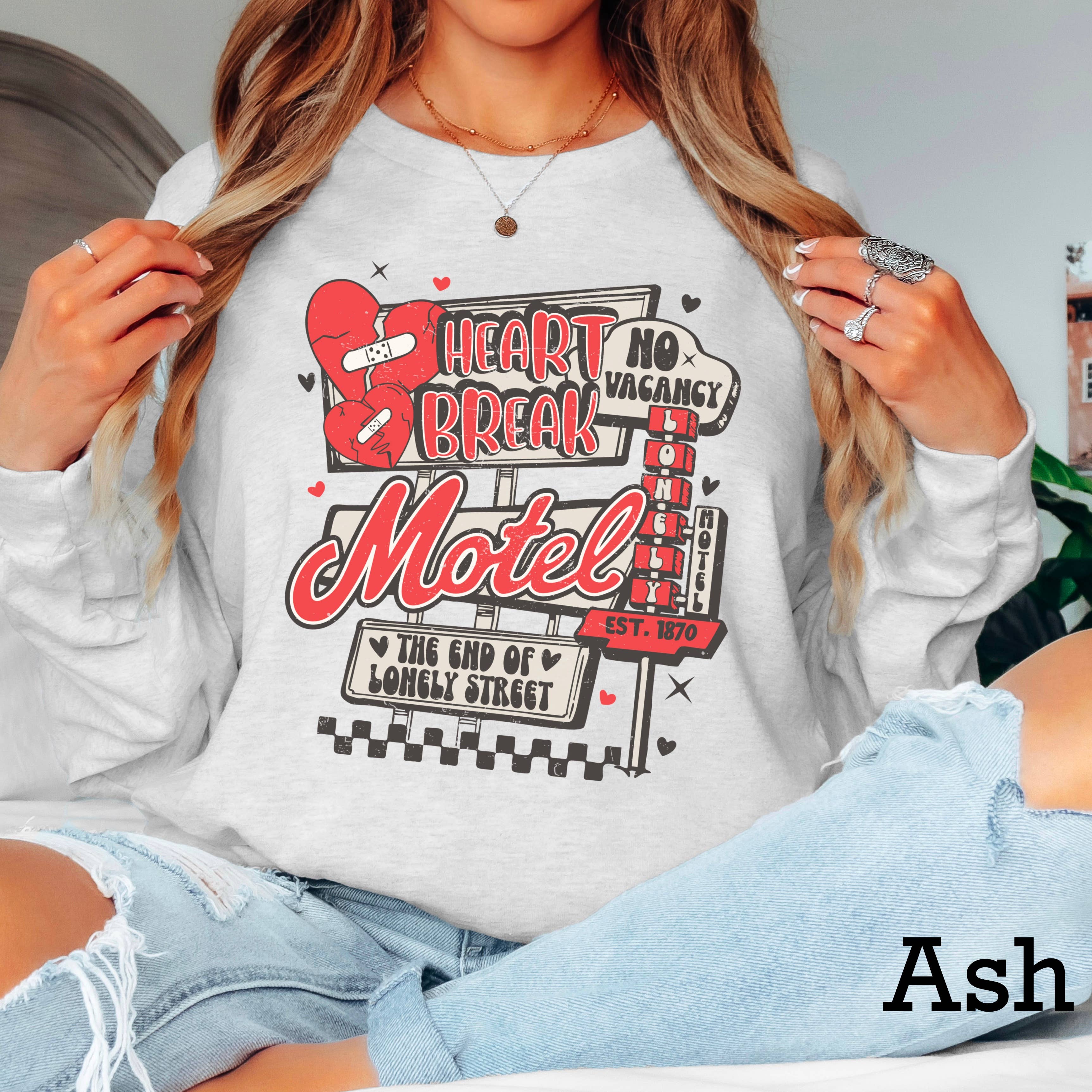 Heartbreak Motel Valentine’S Day Long Sleeve Shirt | Gildan Hoodie, Sweatshirt | PodTeesHub.com