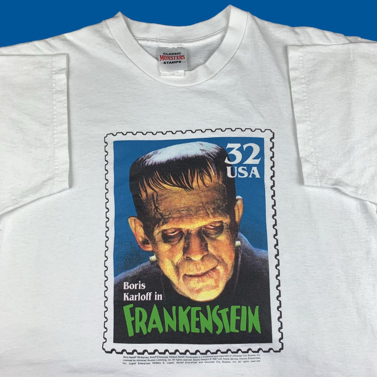 Vintage 90s Frankenstein Classic Monsters Stamps T Shirt Hoodie, Sweatshirt | PodTeesHub.com