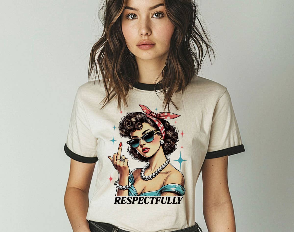 Respectfully - Retro Lady Middle Finger Ringer Tee Hoodie, Sweatshirt | PodTeesHub.com