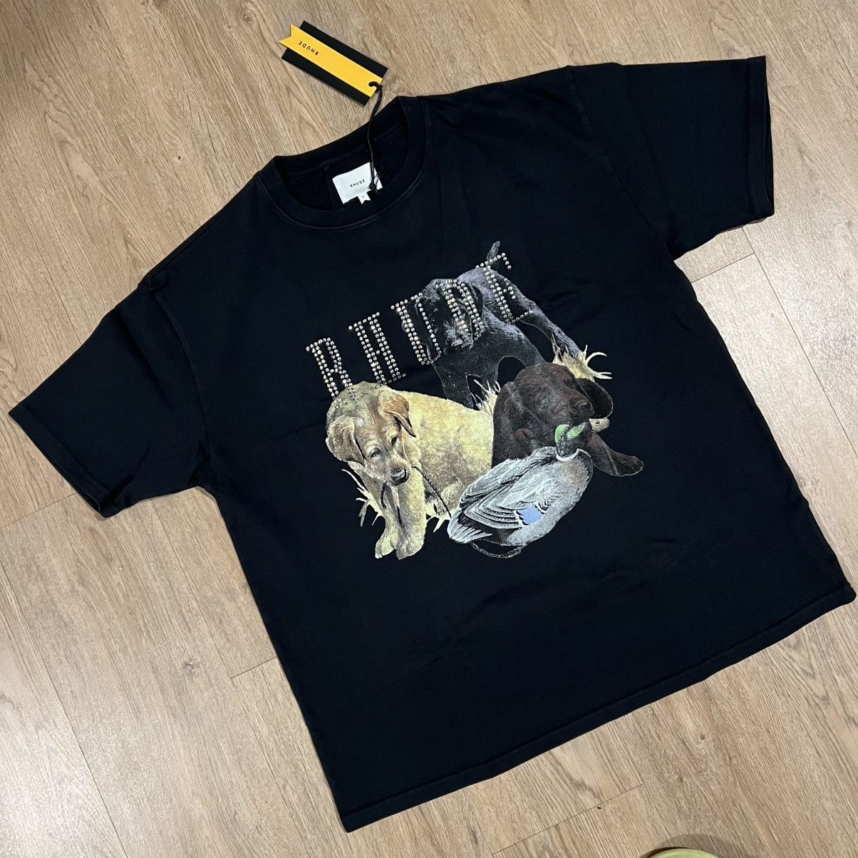 Rhude Rhinestone Hunting Dog Graphic Tee Black Size M Hoodie, Sweatshirt | PodTeesHub.com