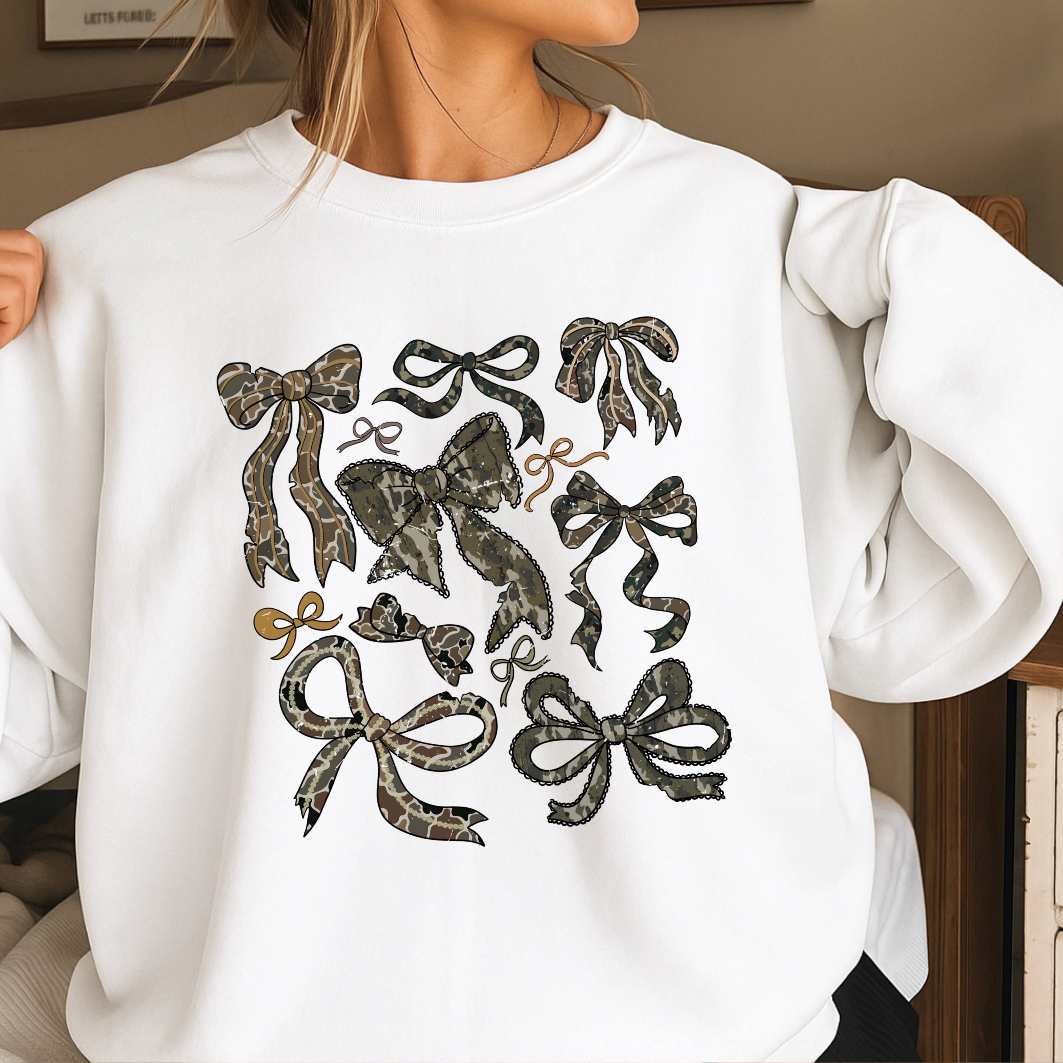 Camo Bows Sweatshirt | Gildan Brand T-Shirts, Hoodie | PodTeesHub.com