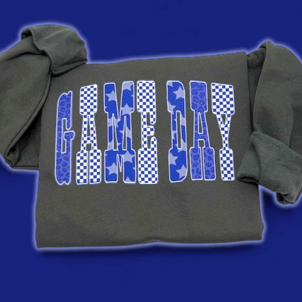Blue Game Day Checkered Stars Sweatshirt T-Shirts, Hoodie | PodTeesHub.com