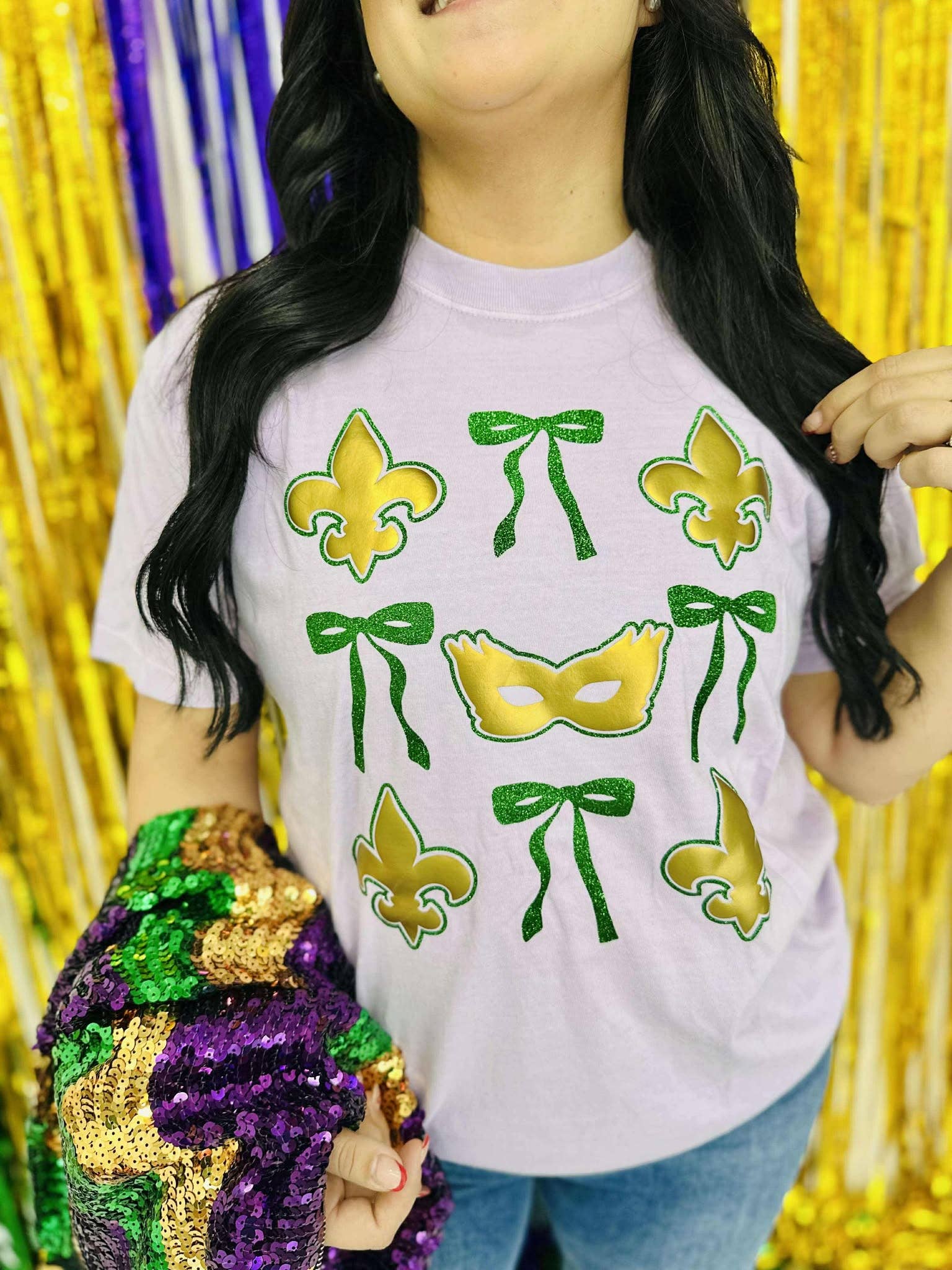 Mardi Gras Things Bow Checkered Puff/Glitter Tee Hoodie, Sweatshirt | PodTeesHub.com