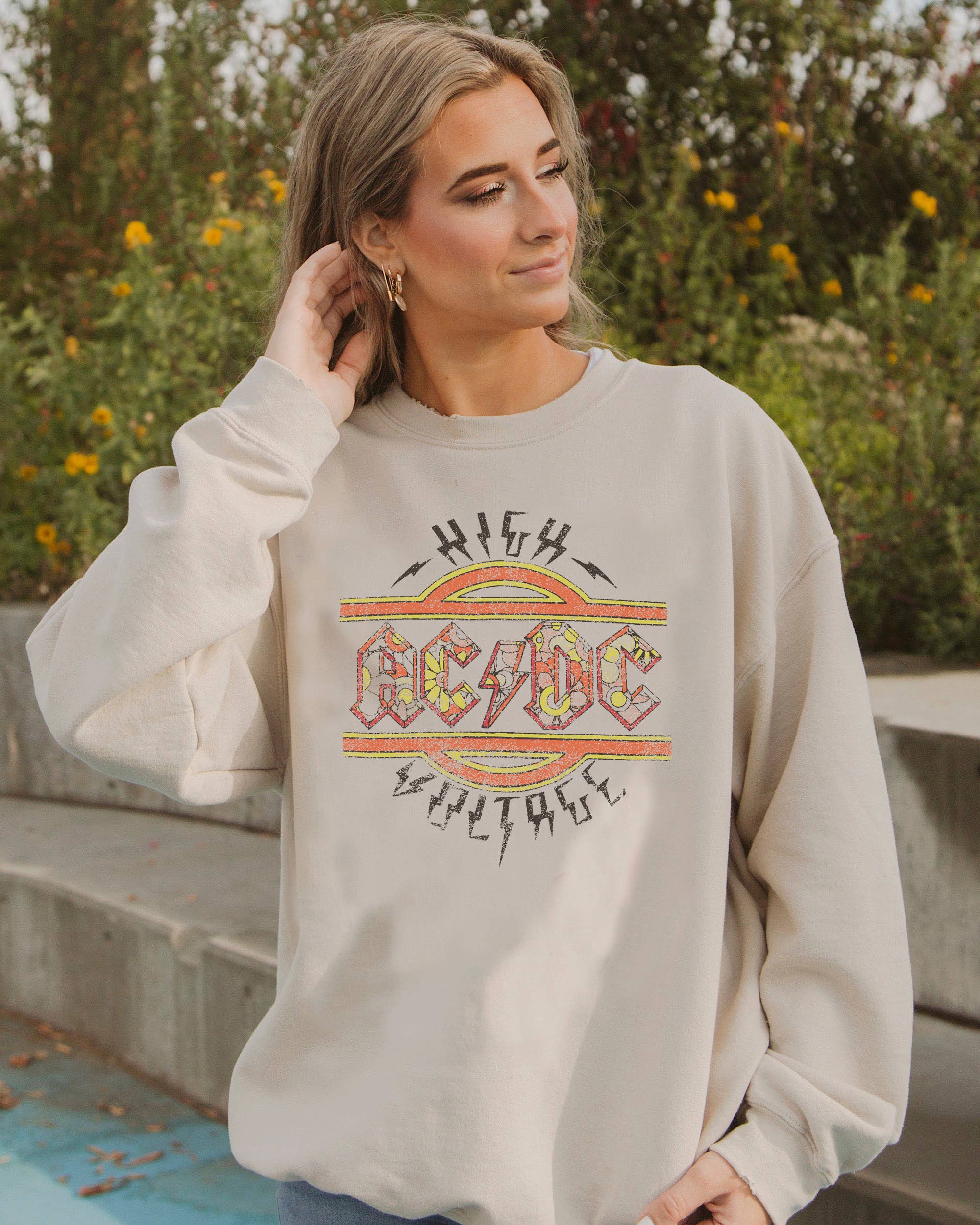 Acdc High Voltage Flower Sand Thrifted Graphic Sweatshirt T-Shirts, Hoodie | PodTeesHub.com