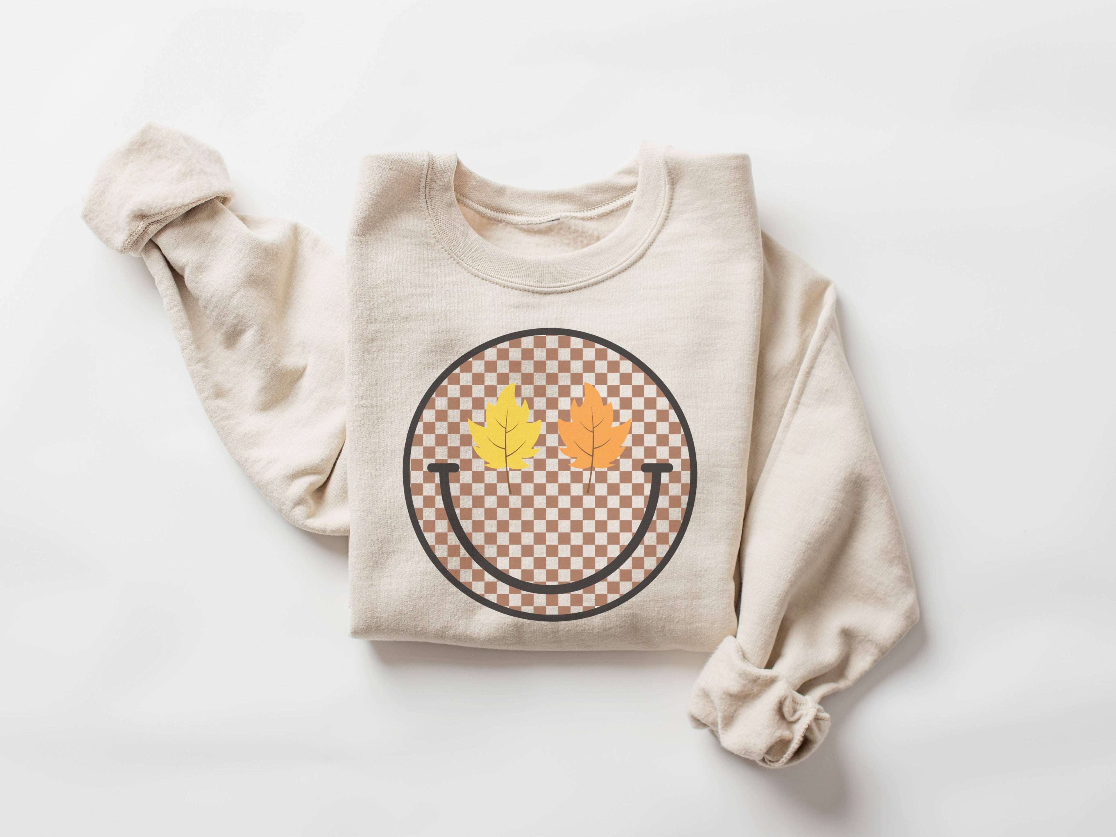 Checker Leaf Happy Face Crew Neck Sweatshirt T-Shirts, Hoodie | PodTeesHub.com