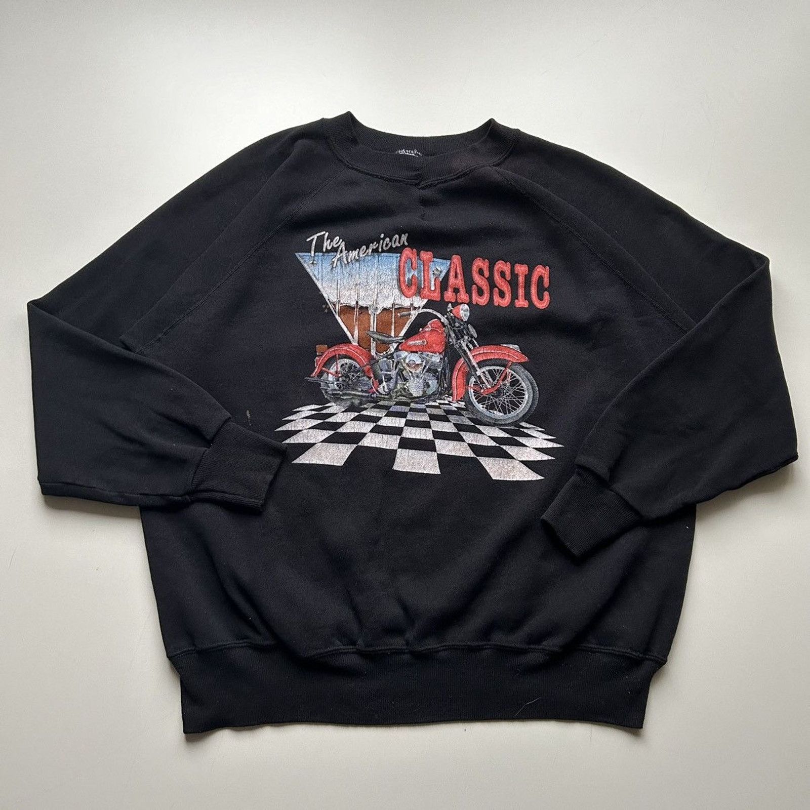 Hanes Vintage 90s American Motorcycle Crewneck Large Faded Black T-Shirts, Hoodie, Sweatshirt | PodTeesHub.com