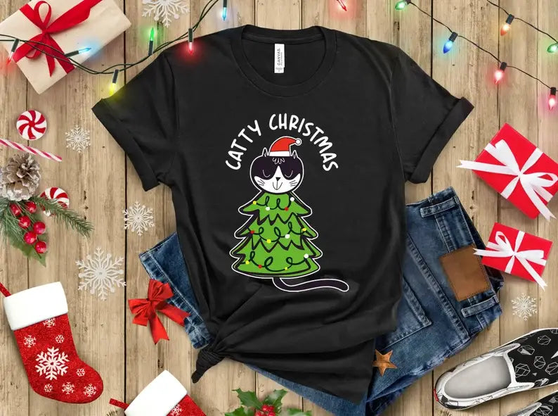 Catty Christmas Tree T-Shirt Hoodie, Sweatshirt | PodTeesHub.com