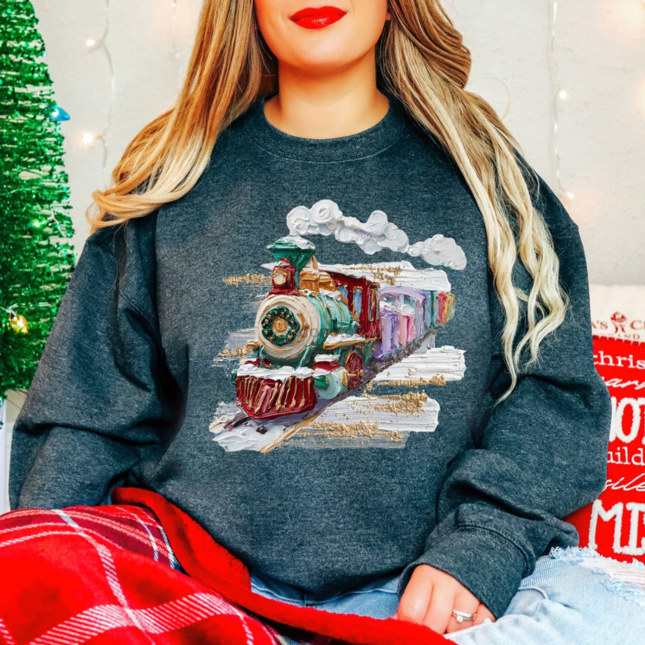 Faux Hand Painted North Pole Train Sweatshirt T-Shirts, Hoodie | PodTeesHub.com