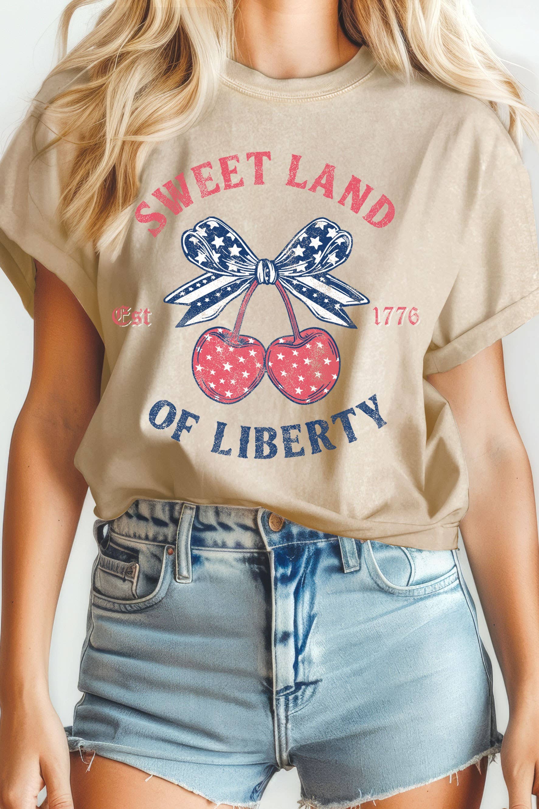 Sweet Land of Liberty America Flag Bow Cherry  Mineral Tee Hoodie, Sweatshirt | PodTeesHub.com