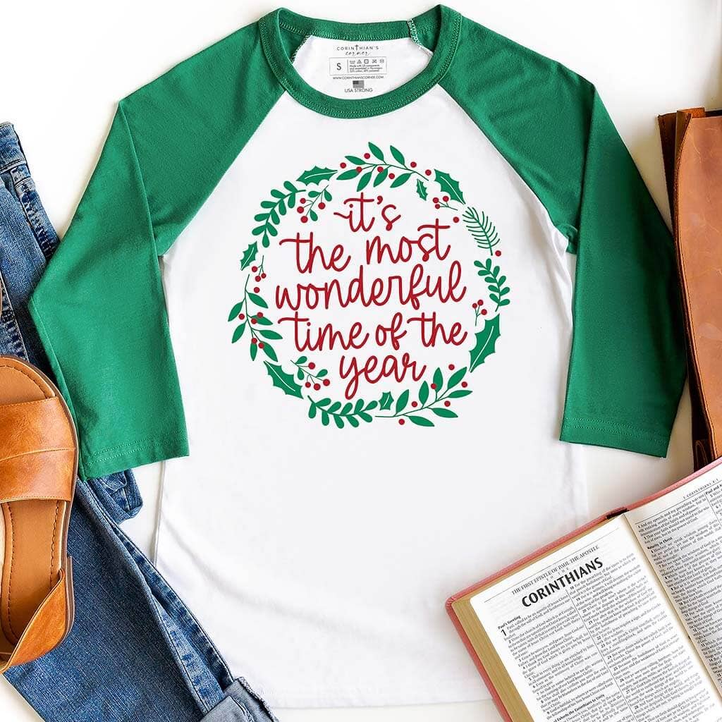 The Most Wonderful Time Raglan 3/4 Sleeve Christmas T-Shirt Hoodie, Sweatshirt | PodTeesHub.com