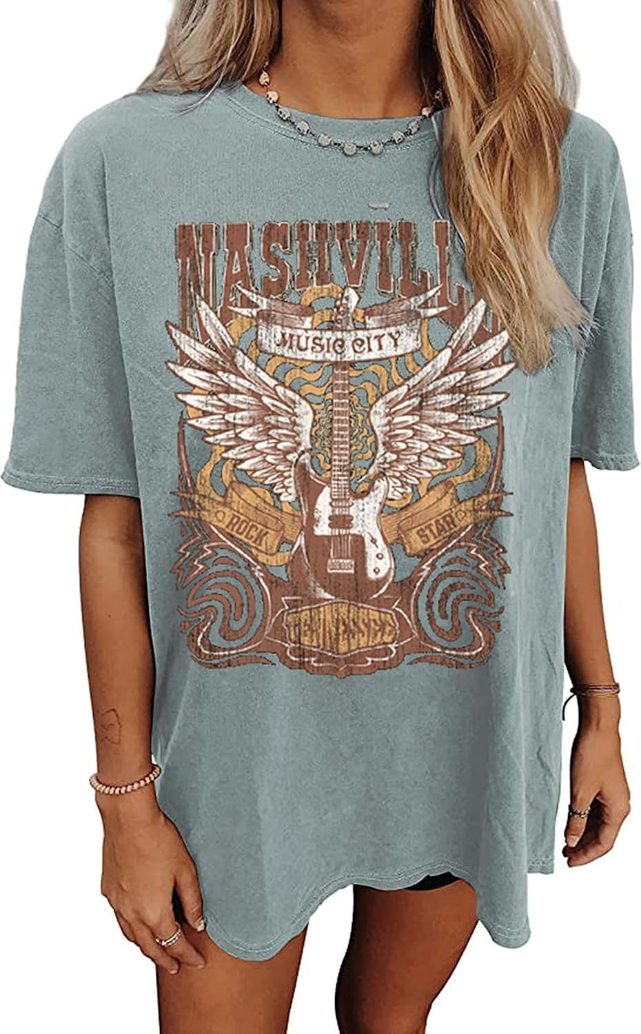 Womens Oversized Tshirt Flower Graphic Tees Nashville Music Short Sleeve Shirts Summer Casual Loose Beach Tops