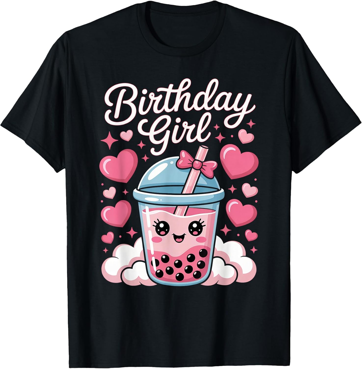 Happy Birthday Girl Cute Pink Bow Bubble Boba Tea Anime T-Shirt