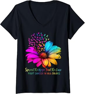 Women's Fight Cancer in All and Every Color Ribbons Flower V-Neck T-Shirt