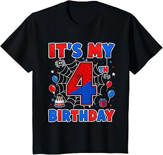 Kids It's My 4th Birthday Boy Spider Web Theme Party 4 Year Old T-Shirt