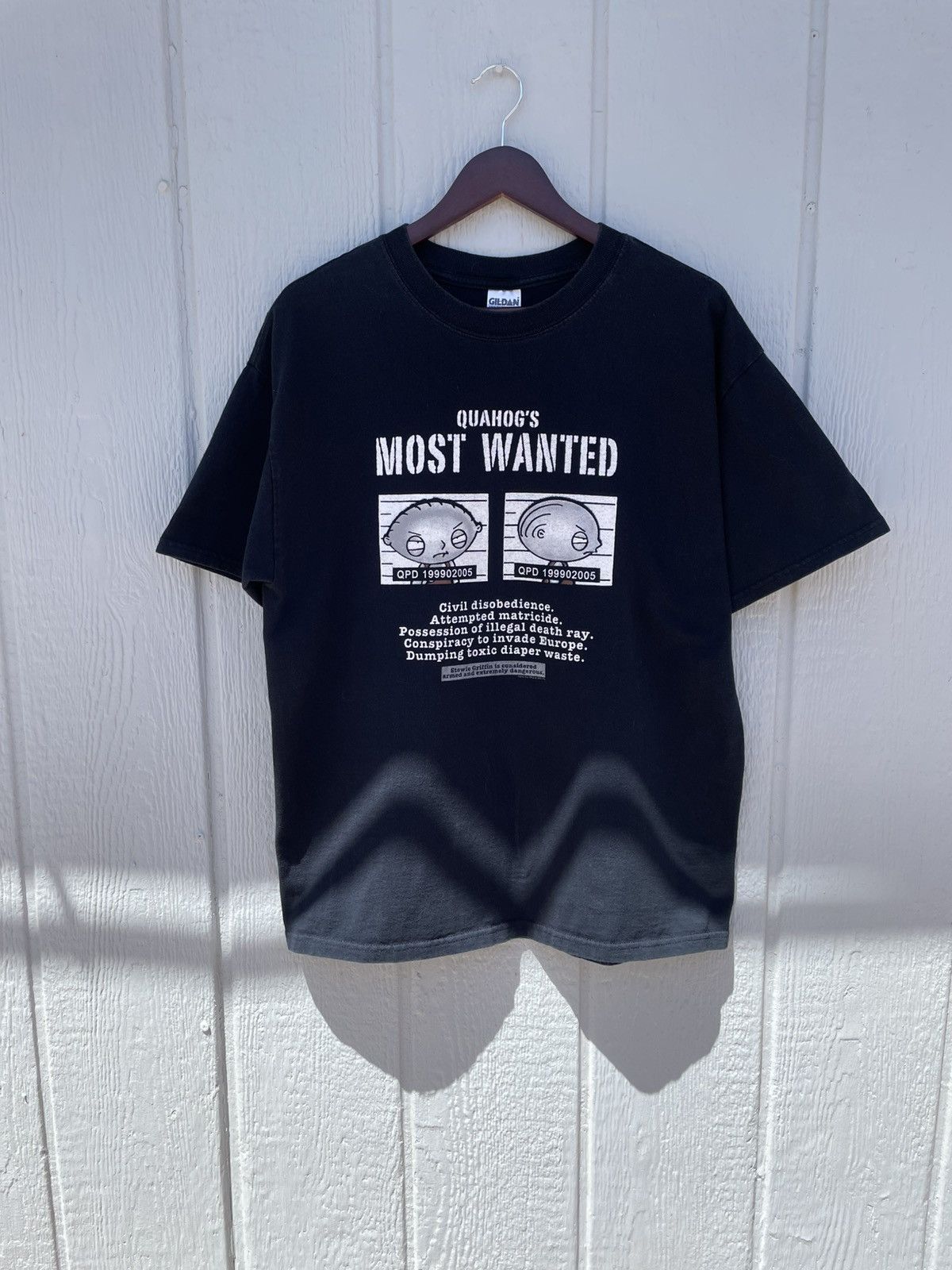 Gildan Vintage 2000s Family Guy Most Wanted Stewie L Black T Shirt Hoodie, Sweatshirt | PodTeesHub.com