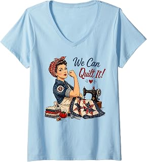 Women's We Can Quilt It Rosie Riveter Quilting Sewing Machine Craft V-Neck T-Shirt