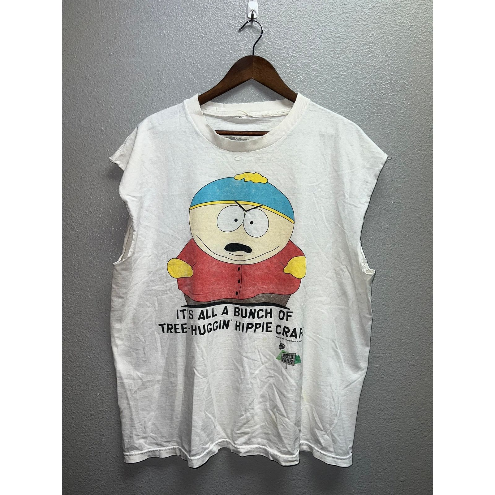Vintage South Park Cartman Shirt Tree Huggin 1998 Tank Cut X Hoodie, Sweatshirt | PodTeesHub.com