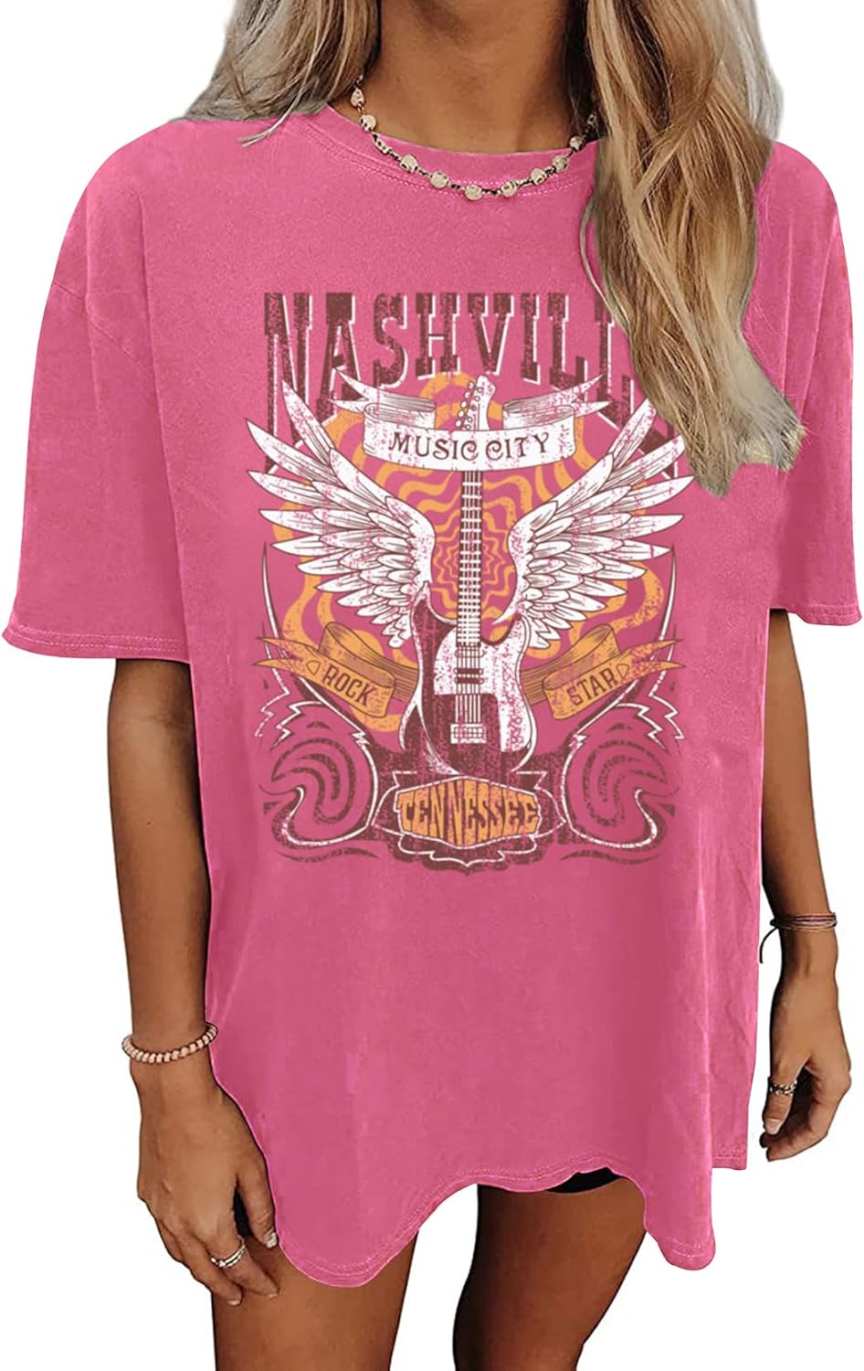 Oversized Nashville Music City T-Shirt Women Oversized Shirts Rock Band Tshirt Vintage Guitar Wings Graphic Tees