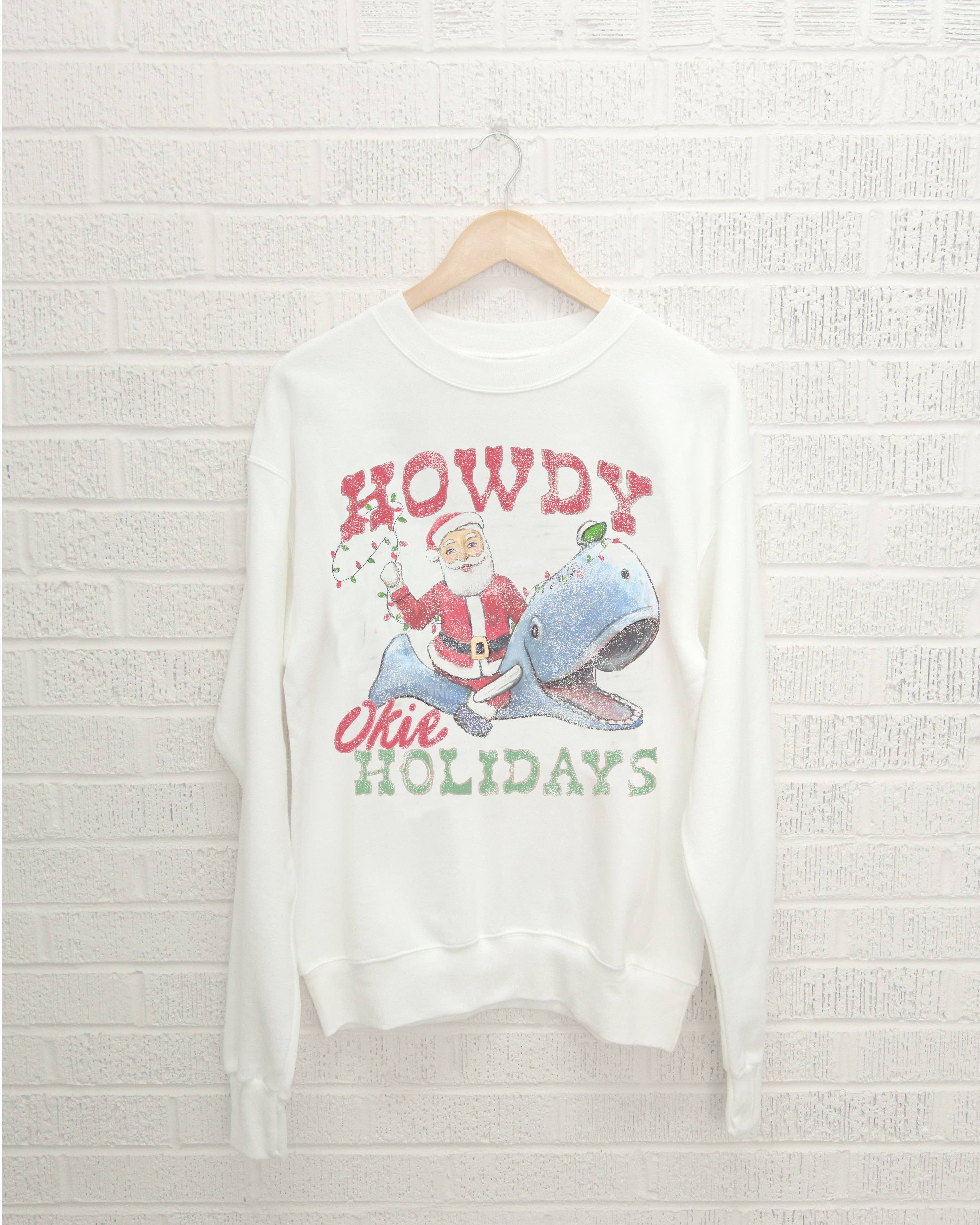Christmas Howdy Okie Holidays White Thrifted Sweatshirt T-Shirts, Hoodie | PodTeesHub.com