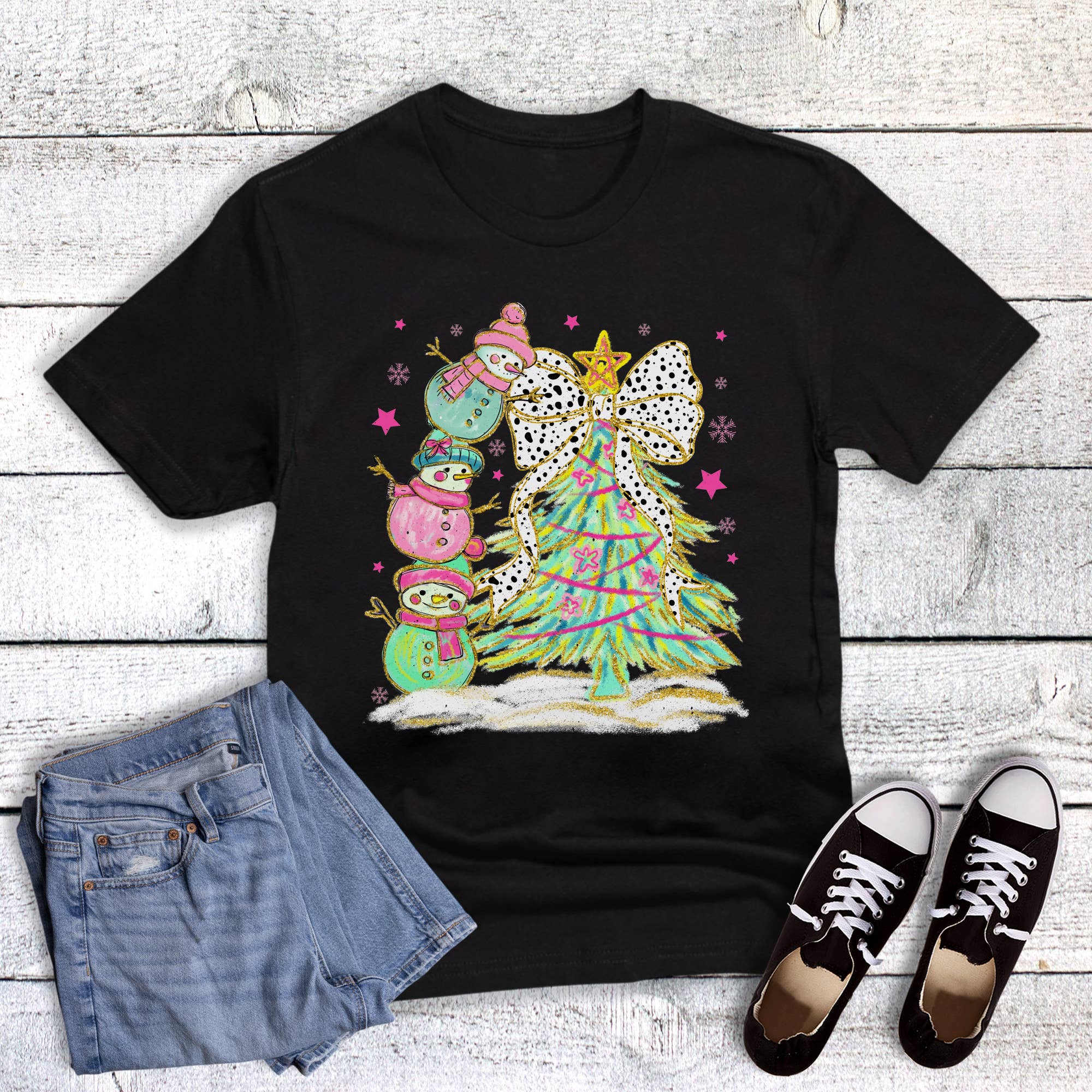 Christmas Snowman Stack and Tree Graphic Tee Hoodie, Sweatshirt | PodTeesHub.com