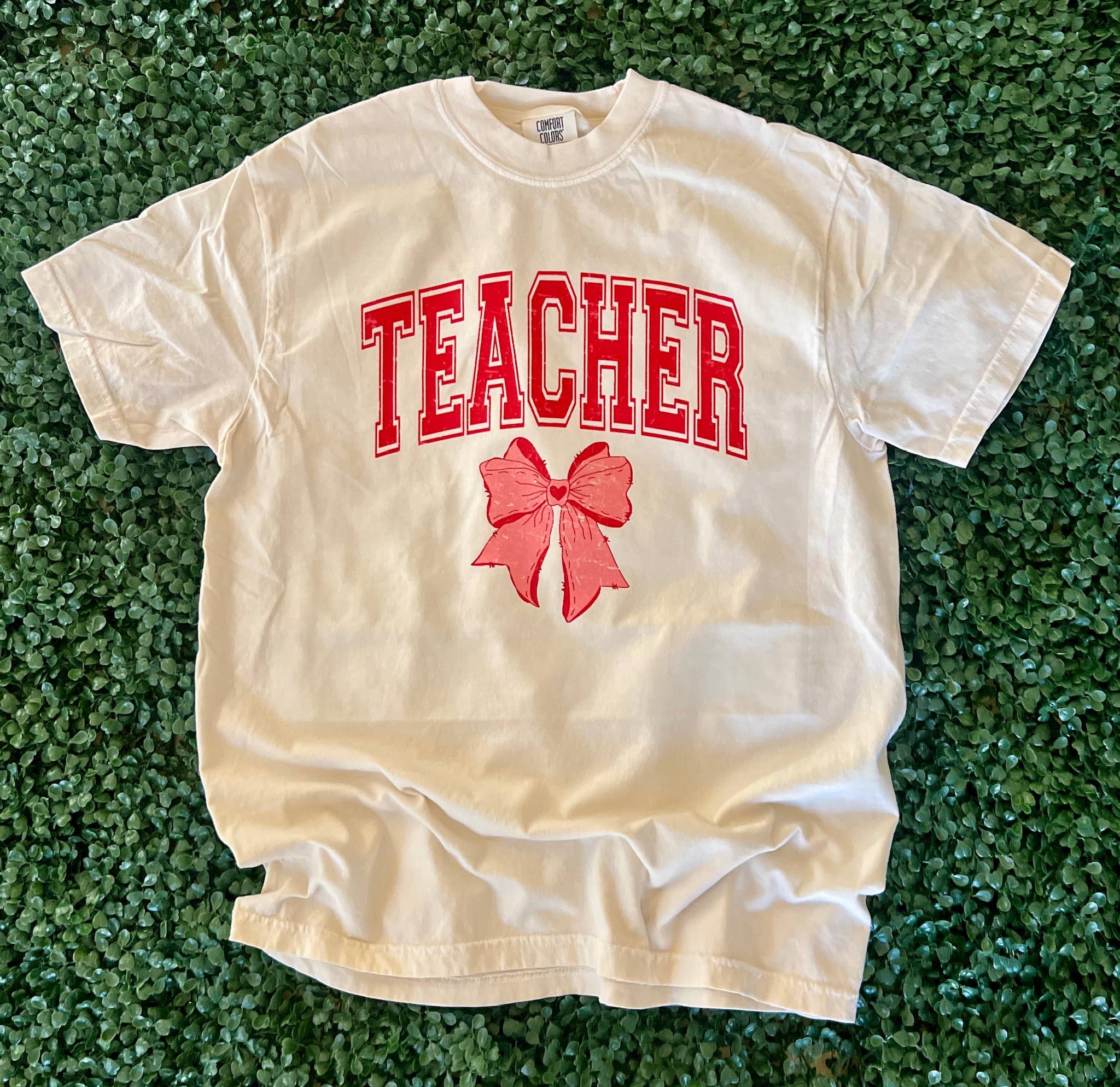 Teacher Varsity Letter Valentine Tee On Comfort Colors Ivory Hoodie, Sweatshirt | PodTeesHub.com
