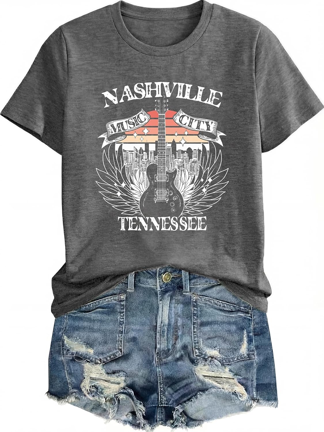 Women Rock Band T-Shirts Vintage Country Music Shirts Nashville Music City Tshirt Guitar Eagle Wings Graphic Tee Tops