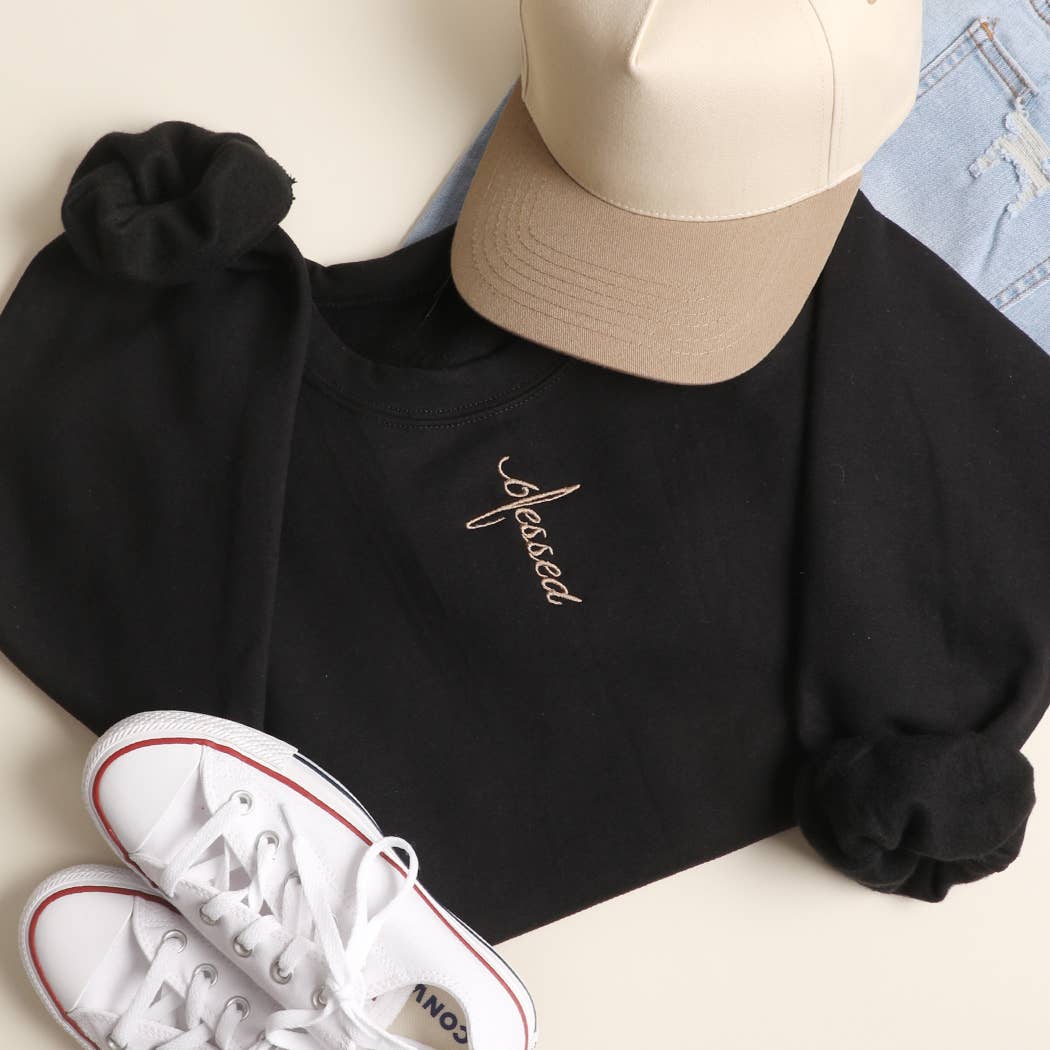 Blessed Vertical Embroidered Heavyweight Sweatshirt T-Shirts, Hoodie | PodTeesHub.com