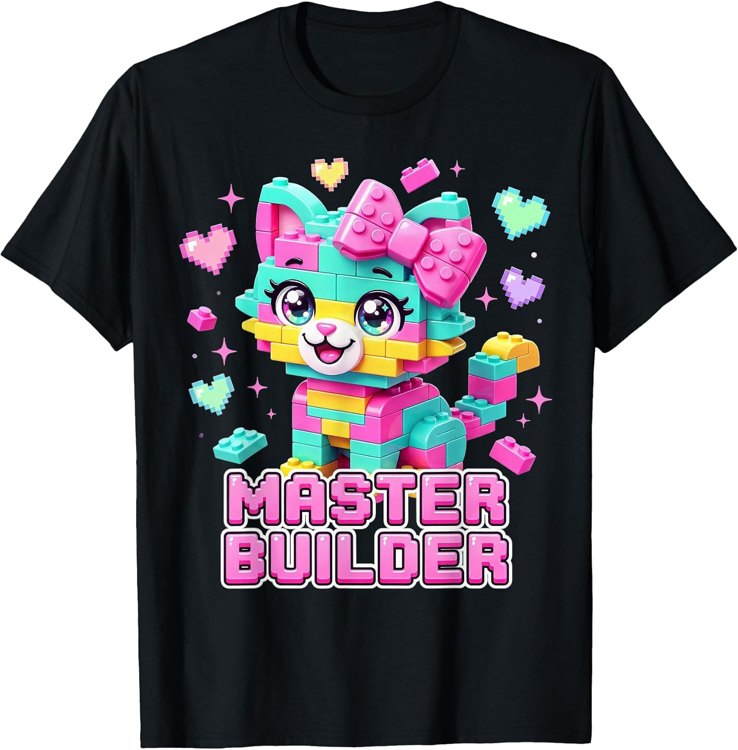 Master Builder Kids Girls Building Bricks Cat Lover Kitten T-Shirt