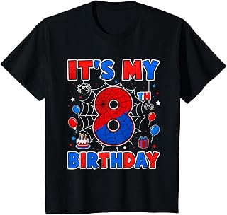Kids It's My 8th Birthday Boy Spider Web Theme Party 8 Year Old T-Shirt