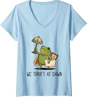 Women's We Thrift At Dawn Funny Frog Thrifting Vintage V-Neck T-Shirt