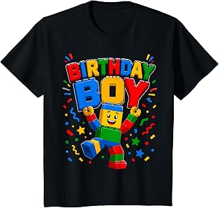 Kids Birthday Boy Building Blocks Bricks Funny Party Builder Kids T-Shirt