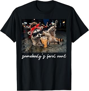 Somebody's Feral Aunt Retro Raccoon Drinking Iced Coffee T-Shirt