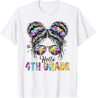 Hello 4th Grade Messy Bun Girls Back to School Fourth Grade T-Shirt