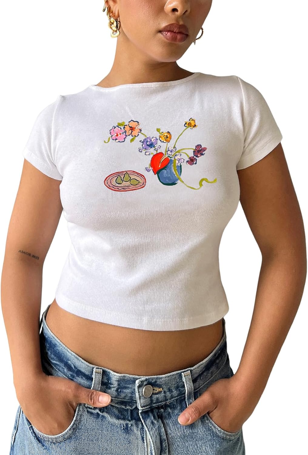 Graphic Baby Tees for Women Y2k Tops Teen Girls Fruit Print Crop Tops Coastal Summer Clothes Vintage Aesthetic T Shirt