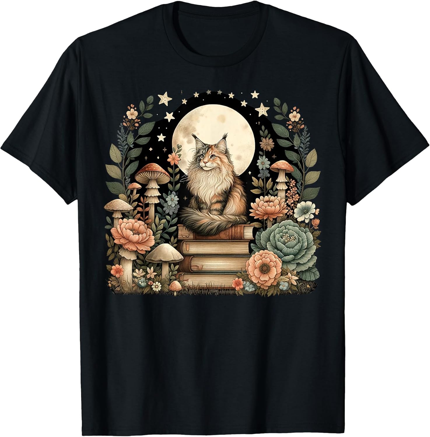 Floral Womens Cottagecore Maine Coon cat Lover T-Shirt