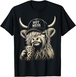Hot Mess Highland Cow Funny Cute Coffee Lover Graphic T-Shirt